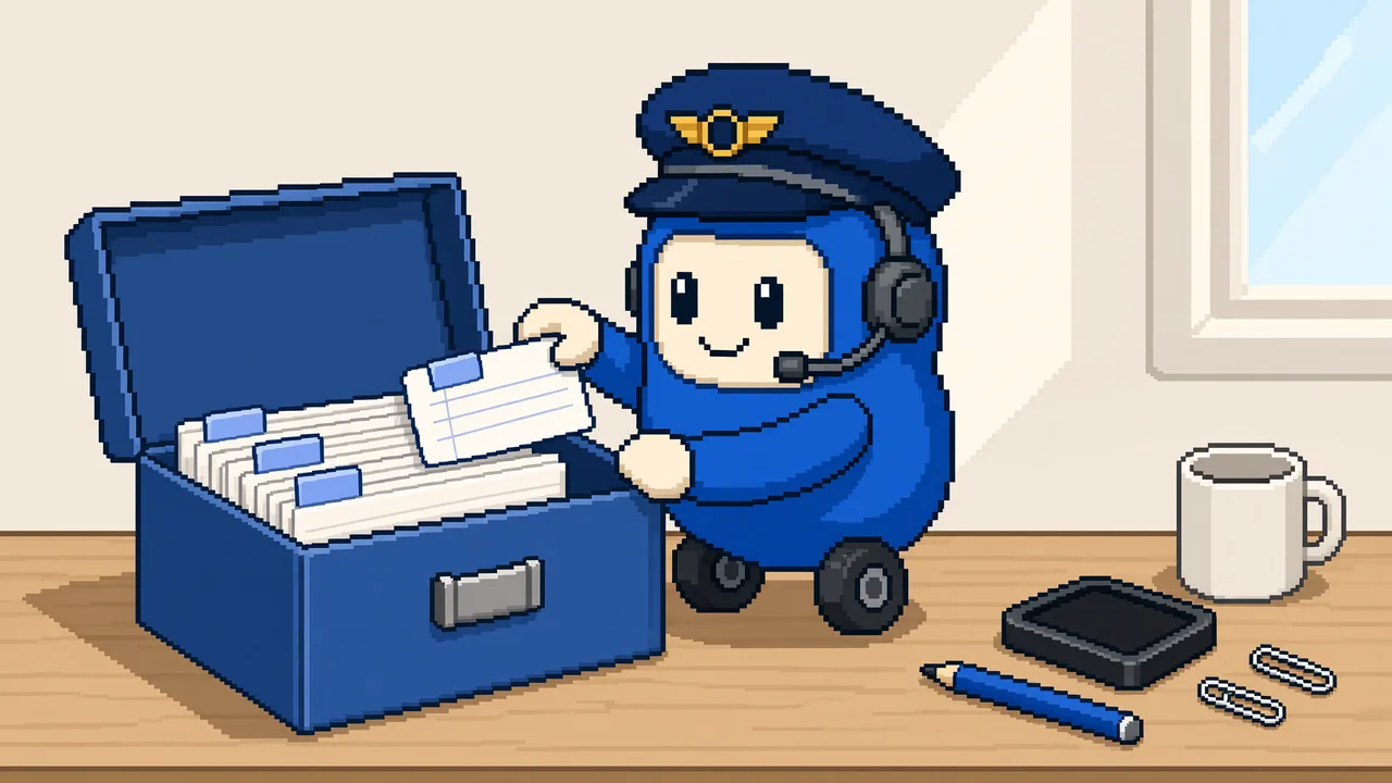 OTTO, la mascotte robot d’OTTOPILOTE, range la fiche d’un client dans une boîte à fiches bleue, sur un bureau en plein jour, en pixel art.