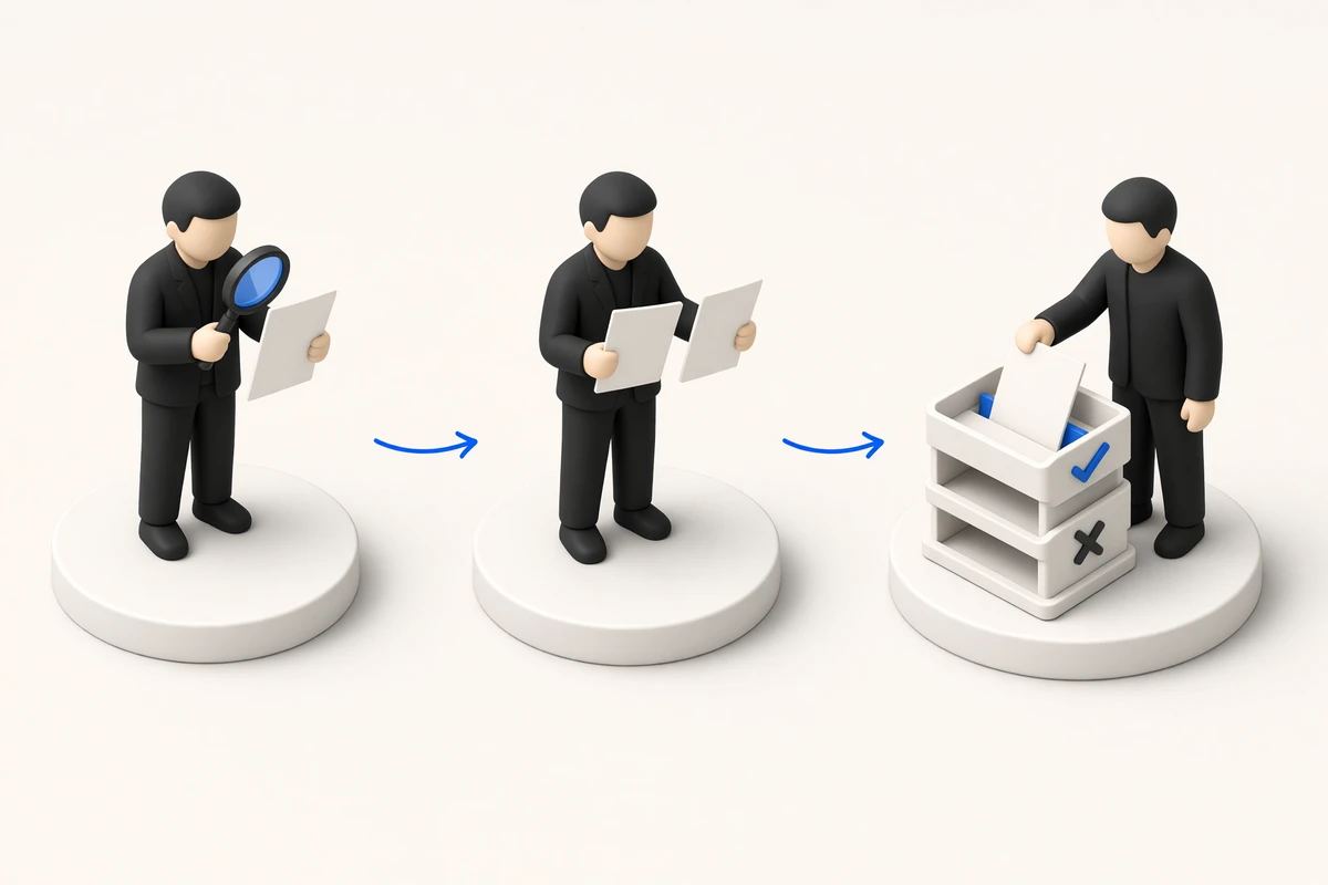Illustration : un processus en trois étapes — inspecter le document avec une loupe, comparer deux versions côte à côte, classer dans la bonne pile (validé ou rejeté).