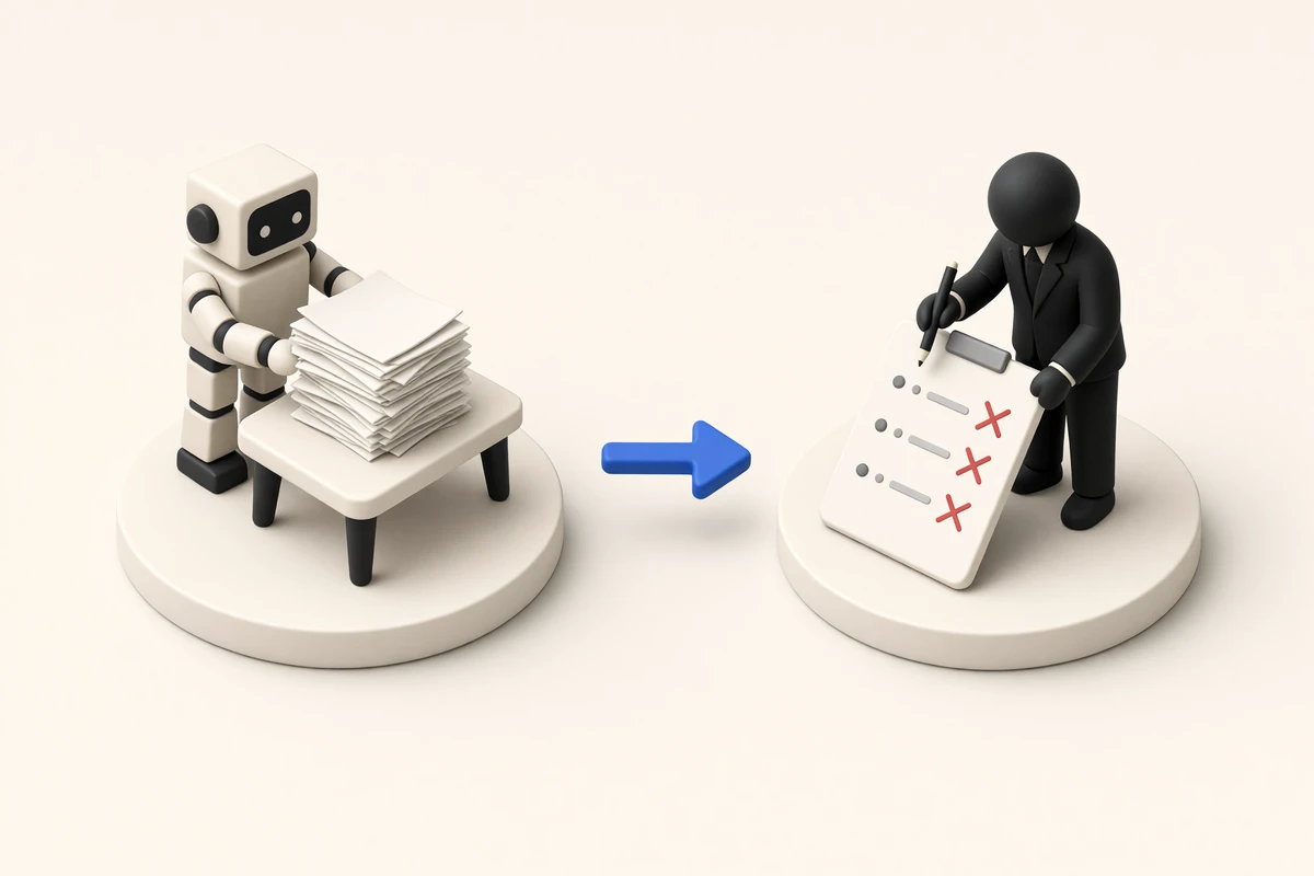 Illustration : un robot produit une pile de recommandations à gauche ; à droite, une personne en raye plusieurs sur une liste de contrôle.