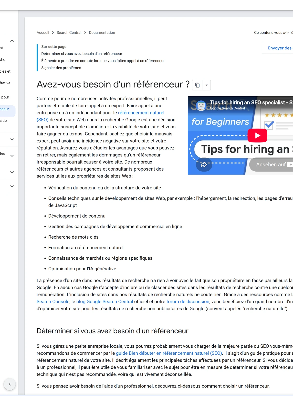 Capture de la documentation de Google Search Central : page 'Avez-vous besoin d'un référenceur ?' listant ce qu'un bon prestataire SEO doit fournir.