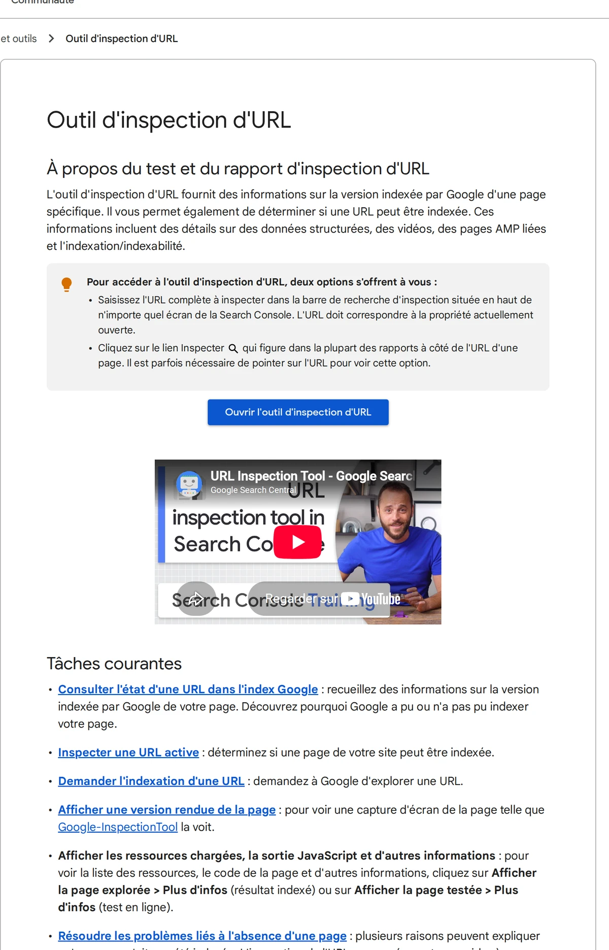 Capture de l'aide Google Search Console : l'outil d'inspection d'URL, ses fonctions principales (vérifier l'indexation, inspecter une URL active, demander l'indexation).