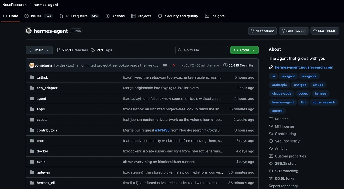 Capture du dépôt GitHub NousResearch/hermes-agent : arborescence du code et encart À propos avec la licence MIT.