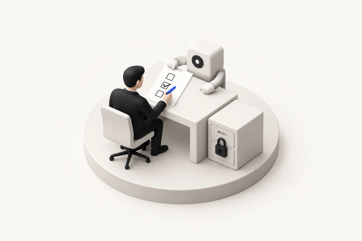 Illustration : l’agent pose une proposition à cases sur un bureau, une personne la coche avec un stylo bleu, à côté d’un tiroir fermé par un cadenas.