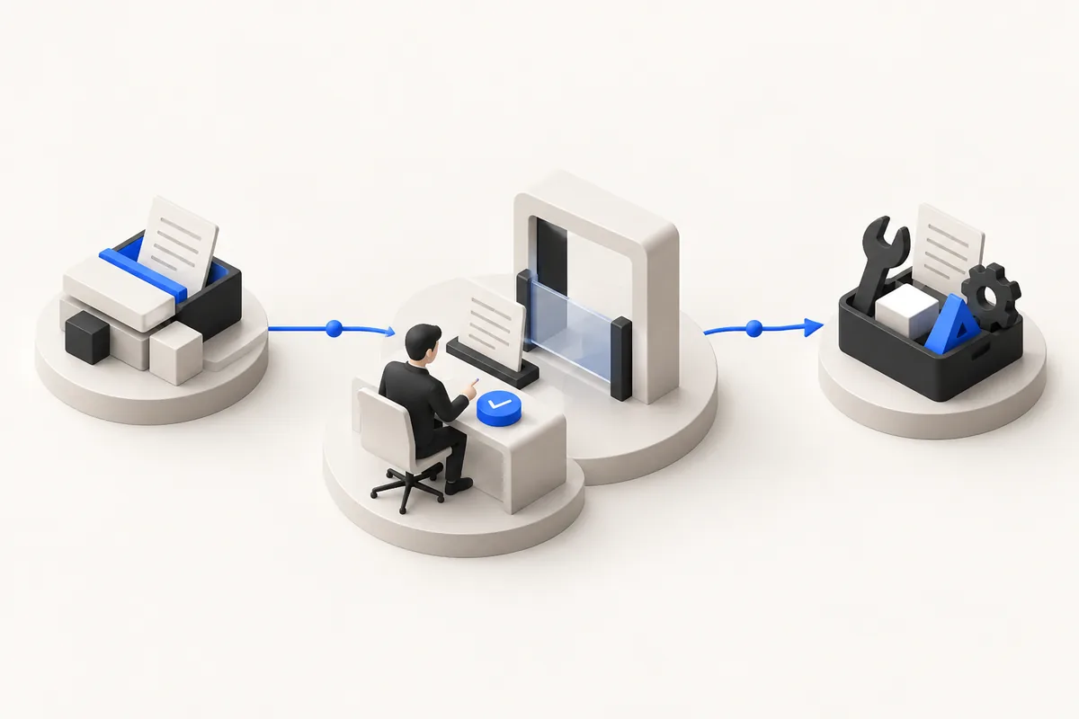 Illustration : un brouillon sort d’une machine, passe par le bureau d’une personne qui le valide devant un portique, puis rejoint une caisse à outils symbolisant l’action.