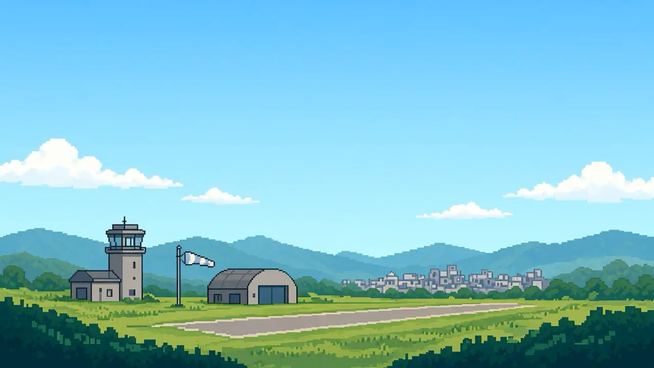 L’aérodrome au matin, en pixel art : la tour de contrôle, la manche à air, le hangar et la piste.