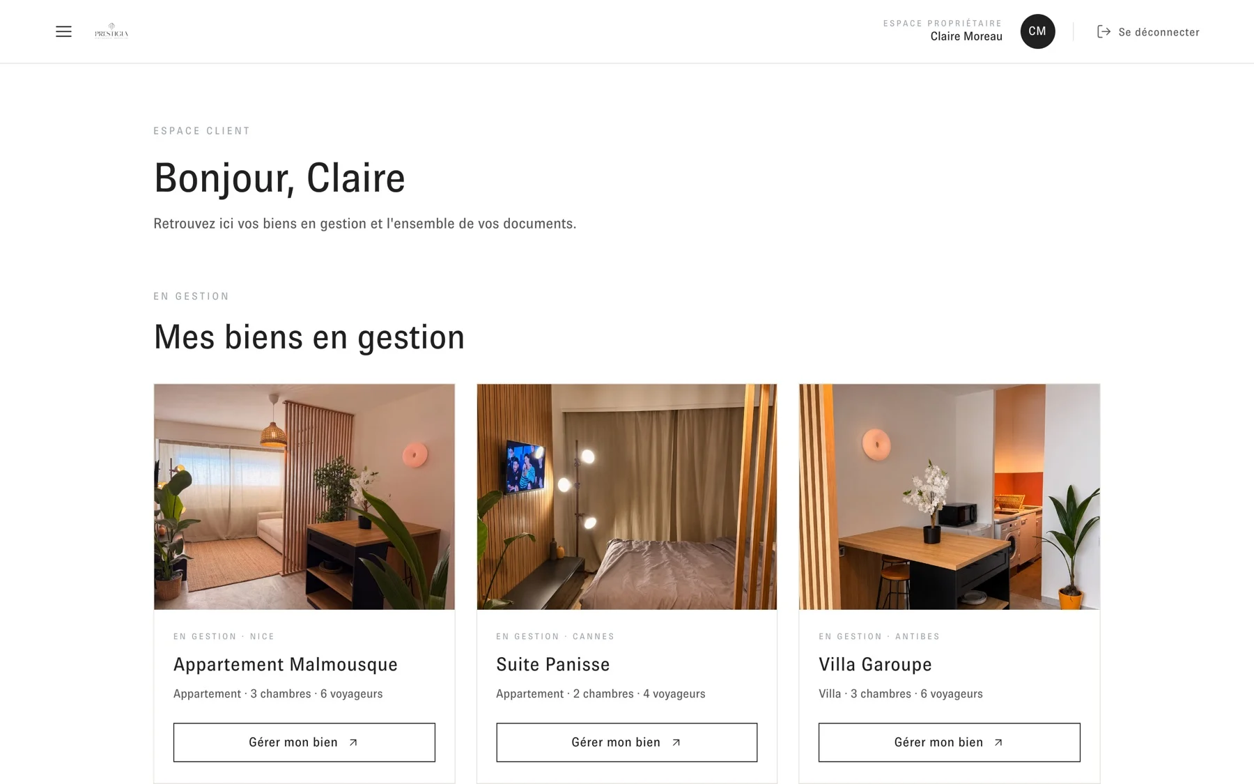 Espace propriétaire de prestigiaconciergerie.fr, compte de démonstration : biens en gestion