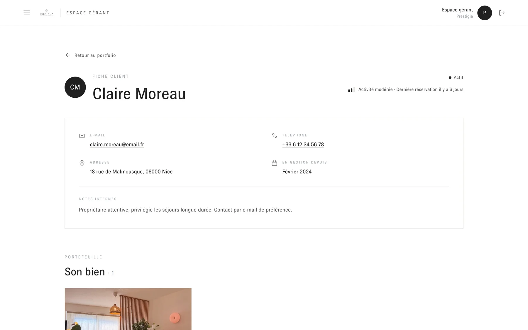 Prestigia Conciergerie — Client sheet