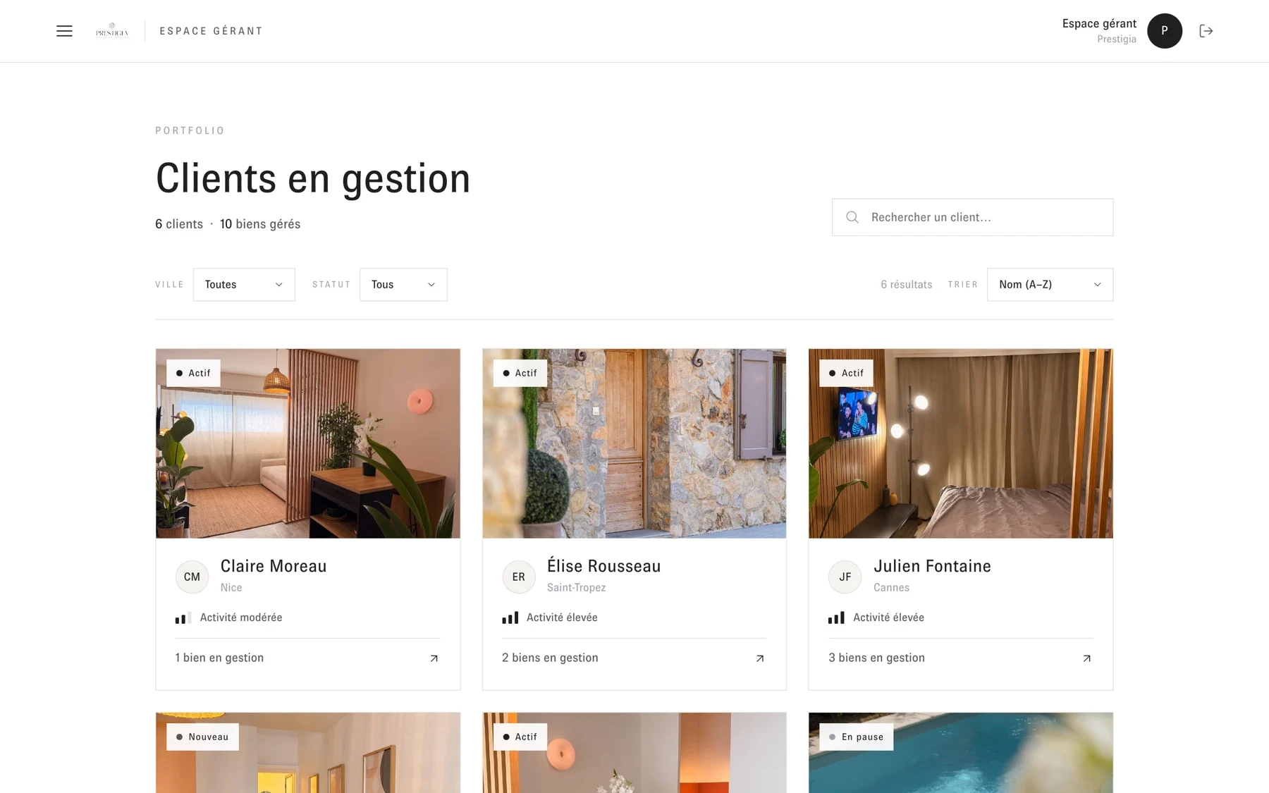 Back-office gérant de prestigiaconciergerie.fr, compte de démonstration : clients en gestion