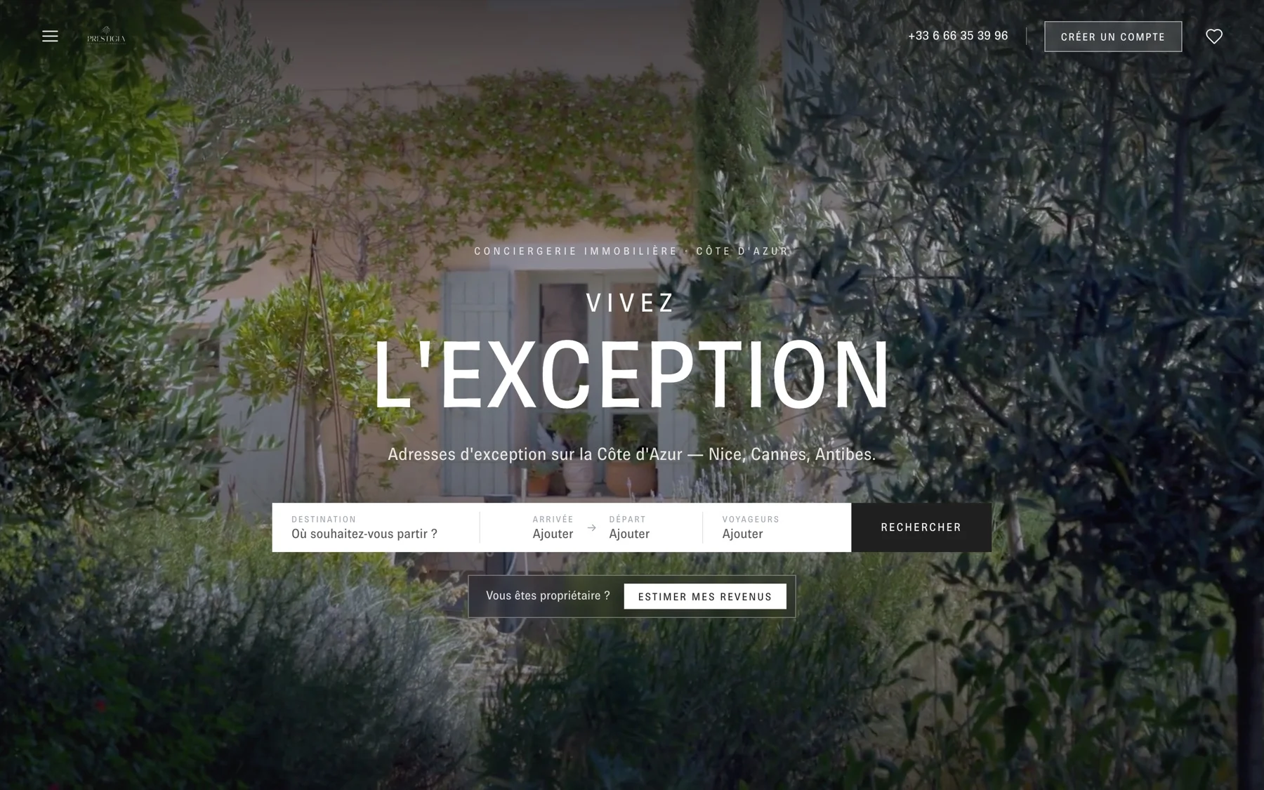 Accueil de prestigiaconciergerie.fr : vidéo plein écran et recherche par destination, dates et voyageurs