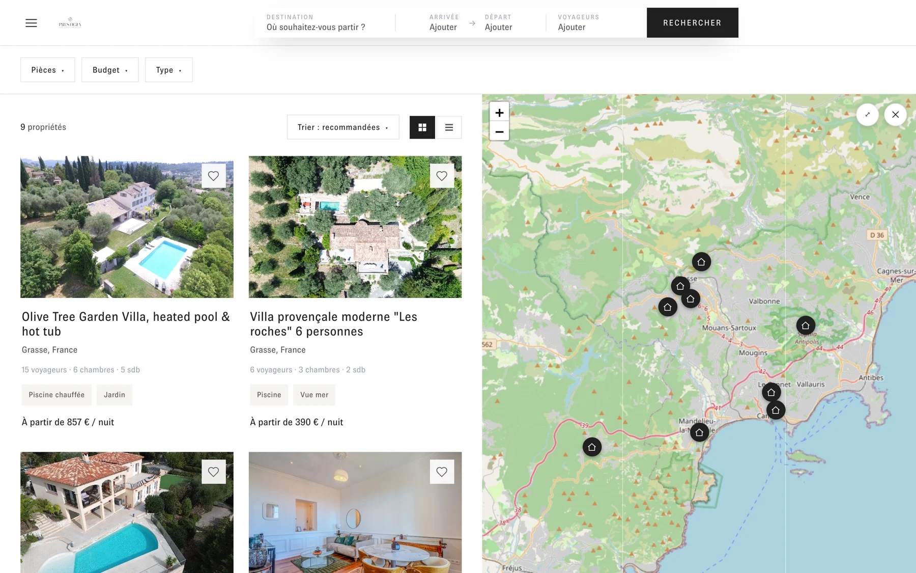 Recherche de biens sur prestigiaconciergerie.fr : liste filtrée à gauche, carte de la Côte d’Azur à droite