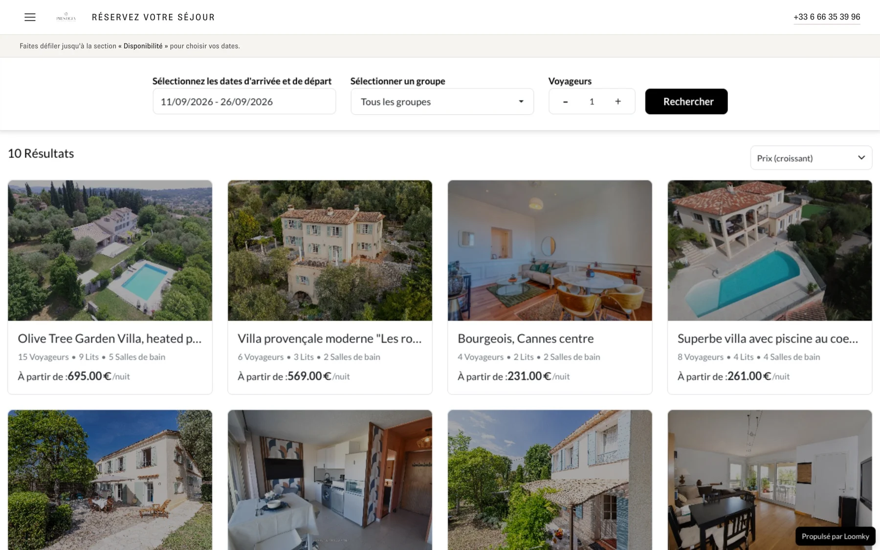 Page de réservation de prestigiaconciergerie.fr, avec le moteur de réservation intégré
