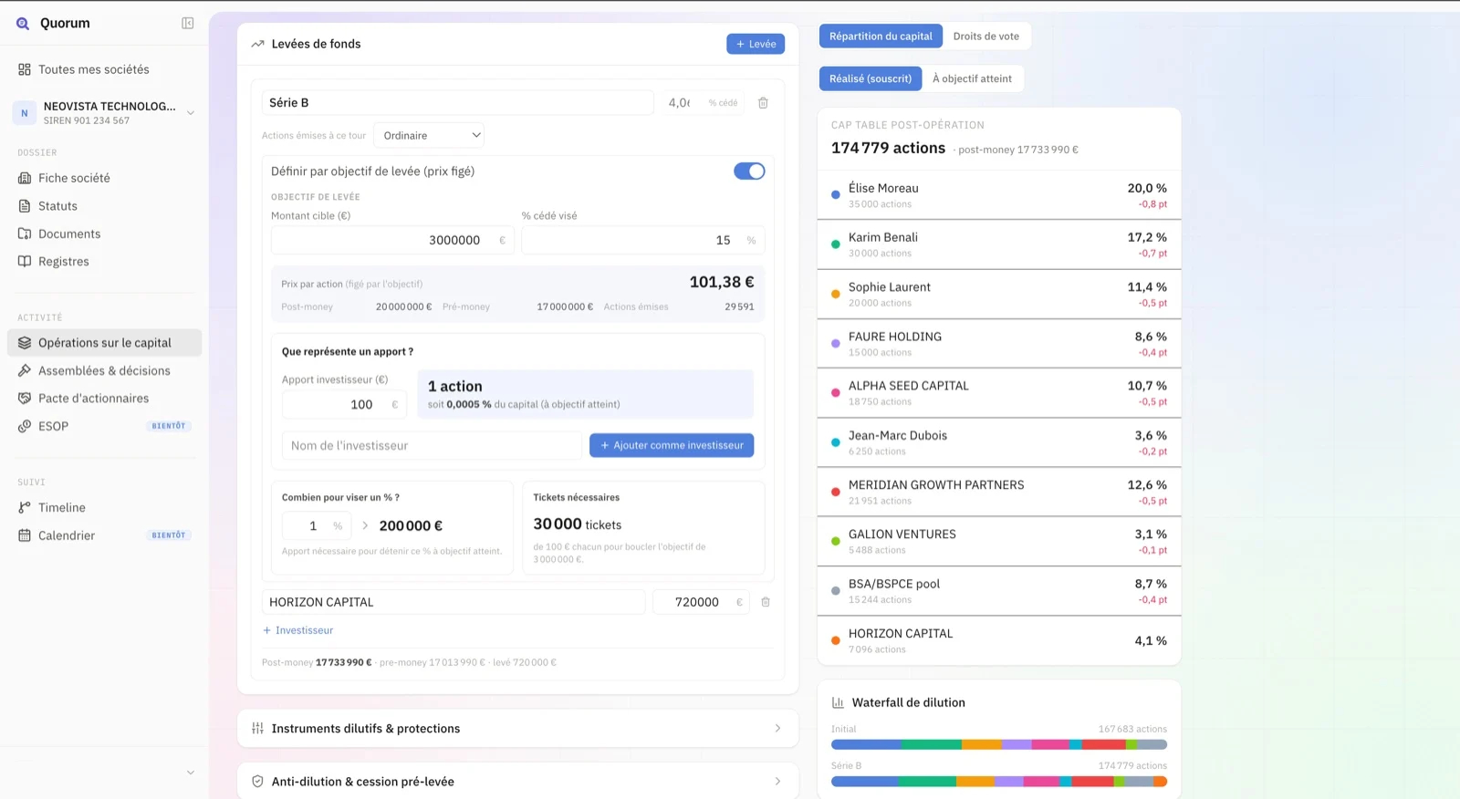 Quorum, SaaS juridique livré par OTTOPILOTE : écran de levée de fonds et de cap table