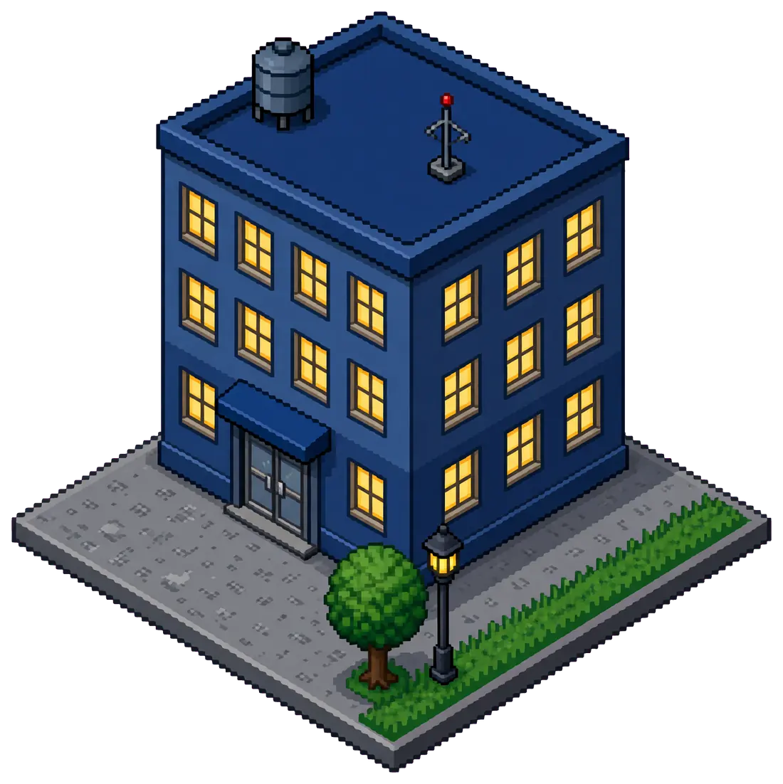 Le bâtiment du logiciel repris, en pixel art, la nuit : toutes ses fenêtres sont allumées.