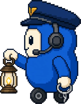 OTTO, la mascotte d’OTTOPILOTE, fait sa ronde au pied du bâtiment, une lanterne à la main.